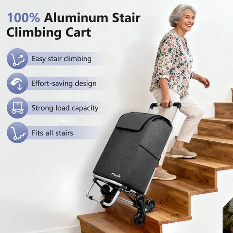 Elderly woman using 2 In 1 Aluminum Stair Climbing Cart With Foldable Frame And Waterproof Oxford Bag on stairs