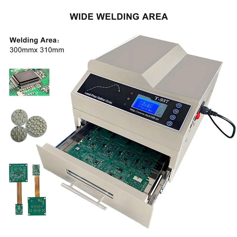 3300W Automatic Reflow Soldering Machine With LCD Screen and wide welding area shown with PCBs in drawer