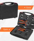 Nine Piece Ratcheting Crimping Tool Set With Seven Interchangeable Dies And Wire Stripper For Solar in a sturdy closed and open case