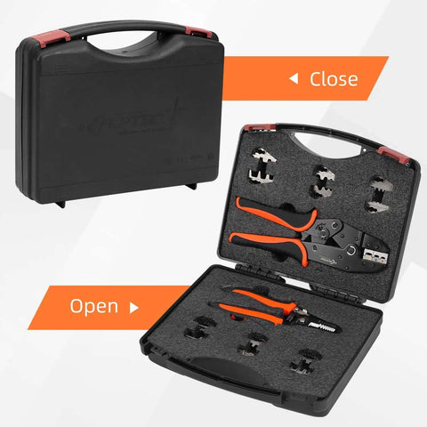 Nine Piece Ratcheting Crimping Tool Set With Seven Interchangeable Dies And Wire Stripper For Solar in a sturdy closed and open case