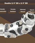 Three Quarter Inch To Three Quarter Inch U Joint Steering Shaft Coupler Powder Coated Chrome Finish, 125Mm Long, 4000 RPM, Single 45 Degree, Double 70 Degree Angles, Universal Steering Shaft Coupler For Grinding Machines, visible in chrome finish with labeled features.