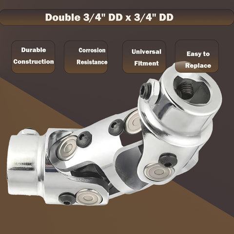 Three Quarter Inch To Three Quarter Inch U Joint Steering Shaft Coupler Powder Coated Chrome Finish, 125Mm Long, 4000 RPM, Single 45 Degree, Double 70 Degree Angles, Universal Steering Shaft Coupler For Grinding Machines, visible in chrome finish with labeled features.