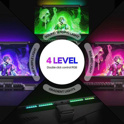 RGB Monitor Light Bar For Eye Care With Four Modes And Color Temperature Adjustable From 2900K To 6000K USB Powered Reading Lamp shown with four RGB lighting options on different computer monitors.