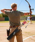 Lightweight Back Archery Quiver With Foldable Compact Hip Bag in use by archer with bow and arrows on outdoor range
