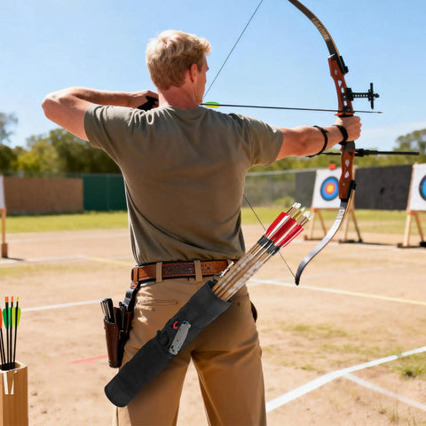 Lightweight Back Archery Quiver With Foldable Compact Hip Bag in use by archer with bow and arrows on outdoor range