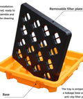 Heavy Duty Spill Proof Oil Tank Containment Tray Set for Warehouses and Shops, removable filter plate on orange base