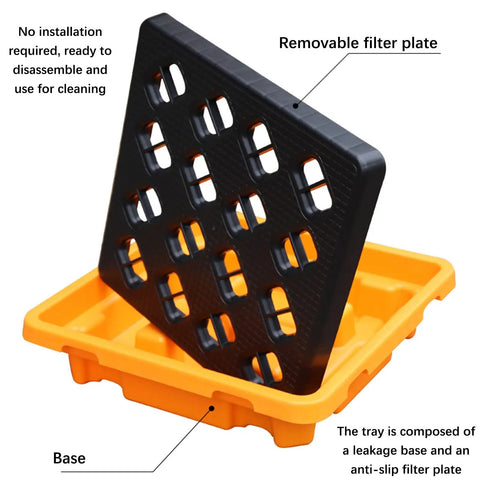 Heavy Duty Spill Proof Oil Tank Containment Tray Set for Warehouses and Shops, removable filter plate on orange base