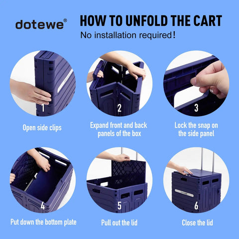 Step-by-step guide to unfold Grab And Go Foldable Utility Cart with Lid on Wheels, shown in six images, demonstrating assembly.