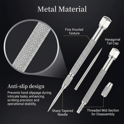 Top Shelf Tungsten Carbide Pocket Scriber showing fine knurled texture and sharp tapered needle for engraving metal, glass, or ceramics.