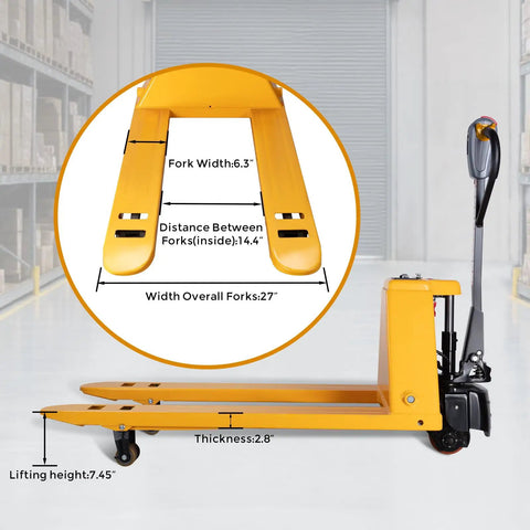 Heavy Duty Electric Pallet Jack 3300 Lbs Load Capacity With Dual Lithium Batteries For No Sweat Warehouse Material Handling And All Day Run Time On Forty Eight Inch Forks, showing fork dimensions and lifting height.