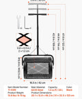 Diagram of Beefy Compost Spreader with T shaped handle, 16.5 inch wide drum, adjustable height, powder coated steel, dimensions shown.