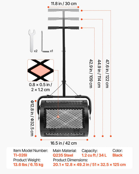 Diagram of Beefy Compost Spreader with T shaped handle, 16.5 inch wide drum, adjustable height, powder coated steel, dimensions shown.