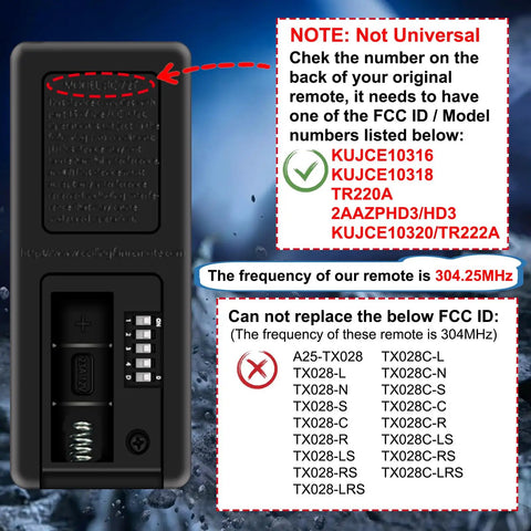 Back view of Ceiling Fan Remote Control Replacement showing FCC ID compatibility and 304.25MHz frequency details.