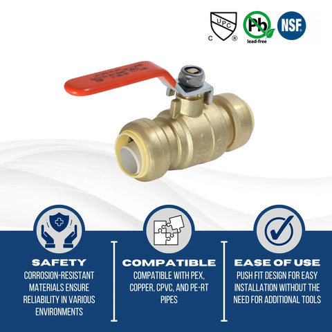 1 Inch Push Fit Ball Valves 5 Pack Brass Full Port Leak Free Shut Off With Push To Connect Design NSF ANSI 61 Certified PEX