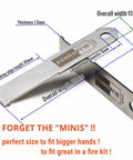 Two Pack Super Sharp Serrated Carbon Steel Ferro Rod Scraper For Fire Starting, dimensions labeled on package.