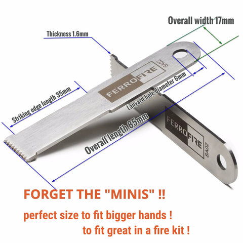 Two Pack Super Sharp Serrated Carbon Steel Ferro Rod Scraper For Fire Starting, dimensions labeled on package.