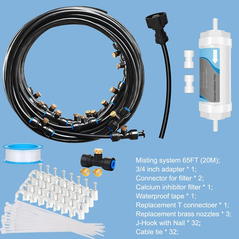 Upgraded Misting System With Water Filter For Outdoor Cooling, 65 Ft Line And 15 Brass Mist Nozzles, All In One Outdoor Mister Kit