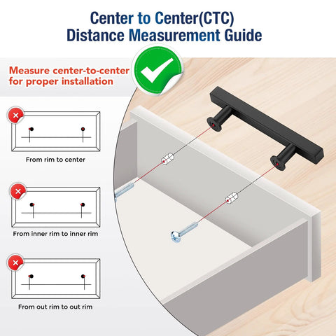 10 Pack Matte Black 3 Inch Hole Center Cabinet Handles installation guide with measure center-to-center instruction.