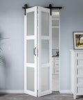 No Fuss Space Saver 30 By 84 Inch Bifold Sliding Barn Door With Hardware Kit Included, shown installed in white finish