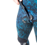 Close-up of 2mm Hooded Wetsuit 2-Piece Nylon Camouflage Blue For Spearfishing And Freediving, showing fastening detail, Size 2XL