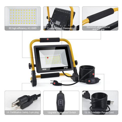 50W LED Work Light 5000 Lumen 6000K Daylight Flood IP66 Waterproof with 13.1 ft cord and plug, multiple views and features