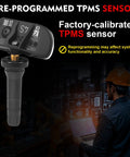 Preprogrammed 433 Mhz Tire Pressure Sensor Part Number 13533166 shown on a black background with a technician.