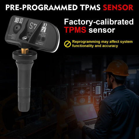 Preprogrammed 433 Mhz Tire Pressure Sensor Part Number 13533166 shown on a black background with a technician.