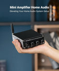 Hand holding Bluetooth Stereo Amplifier 100W Per Channel, 2 Channel Class D Power Amp For Passive Speakers on a bookcase background.