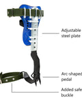 Two Pack Adjustable Tree Climbing Gear With Harness Belt, Non Slip Pedals, And 304 Stainless Steel Spikes, side view, showing adjustable steel plate