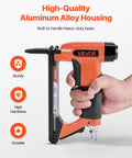 Pro Grade 20 Gauge Pneumatic Staple Gun Featuring A Slick Long Nose Built For 50 Series Fine Wire Staples 1/2 Crown And 1/4 To 5/8 Length in hand showing durable design.