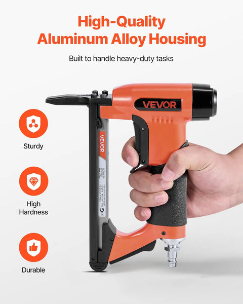 Pro Grade 20 Gauge Pneumatic Staple Gun Featuring A Slick Long Nose Built For 50 Series Fine Wire Staples 1/2 Crown And 1/4 To 5/8 Length in hand showing durable design.