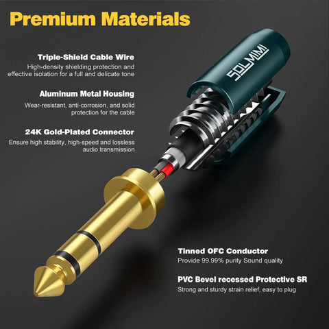 Cutaway view of 6.35mm to 3.5mm Headphone Adapter Cable 4 Ft TRS Stereo Male to Female, premium materials highlighted