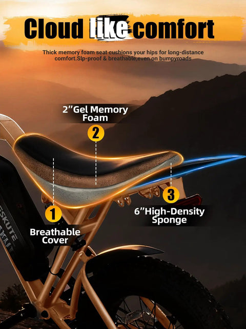 Electric Dirt Bike For Adults 1300W Peak Power 52 Volt 21Ah Battery Up To 32 MPH On 20X4 Fat Tires With 7 Speeds Pedal Assist seat features