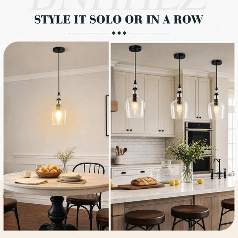 BNHHLZ Seeded Glass Pendant Light for Kitchen Island, Matte Black Teardrop Hanging Light Fixture, Adjustable Cord over dining table and kitchen island.