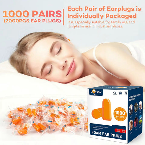 Ultra Soft Foam Ear Plugs For Sleep And Travel, 1000 Pairs, 32 dB NRR And 37 dB SNR Noise Reduction package and sleeping person