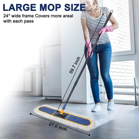 Person using 24 Inch Commercial Dust Mop for floor cleaning with 59 inch handle in a bright room
