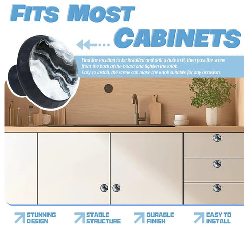 Slick Mushroom Cabinet Knobs With Fresh Black And White Abstract Marble Design crafted from premium crystal glass, displayed on cabinets.