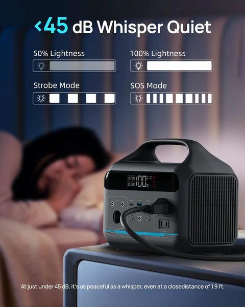 Portable Power Station 600W With 80W Solar Panel 288Wh LiFePO4 Battery in whisper-quiet mode on a bedside table