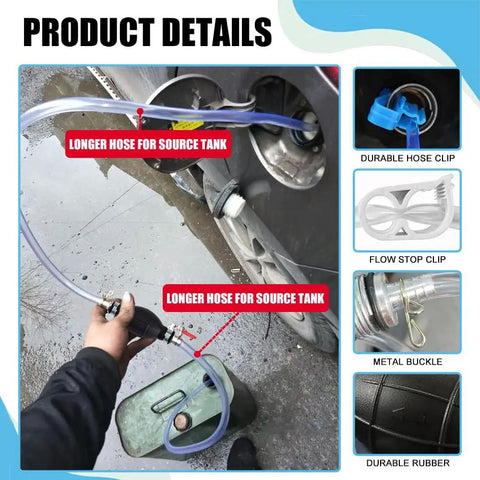 Straight Up Heavy Duty Hand Fuel Transfer Pump, No Sweat Gasoline Siphon Hose Kit with long durable hose and clips.