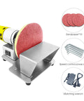 Rip Through Mini Electric Belt Sander And Abrasive Disc Grinding Machine With Seven Speed Control showing stainless steel frame and sanding pad.
