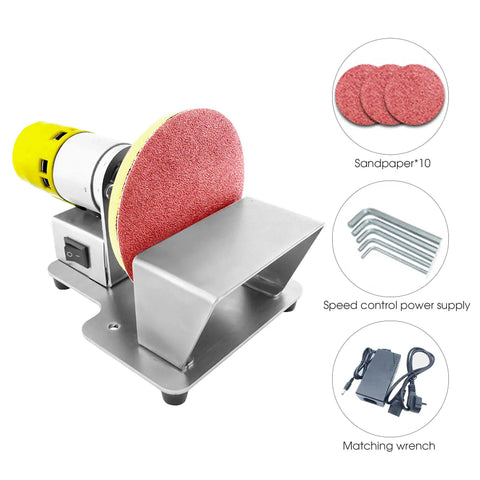 Rip Through Mini Electric Belt Sander And Abrasive Disc Grinding Machine With Seven Speed Control showing stainless steel frame and sanding pad.