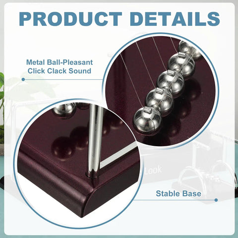 Five Ball Newton's Cradle Desk Toy For Gravity Demonstrations And Stress Relief showing metal balls and stable base