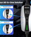 Portable Level 1 And 2 EV Charger J1772 Connector With 16 Amp Adjustable Output showing adjustable current and time settings.