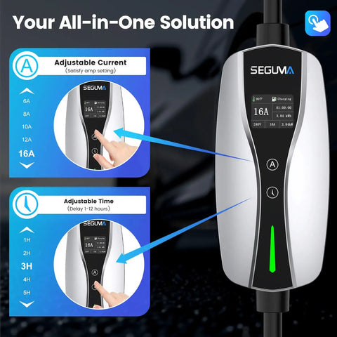 Portable Level 1 And 2 EV Charger J1772 Connector With 16 Amp Adjustable Output showing adjustable current and time settings.