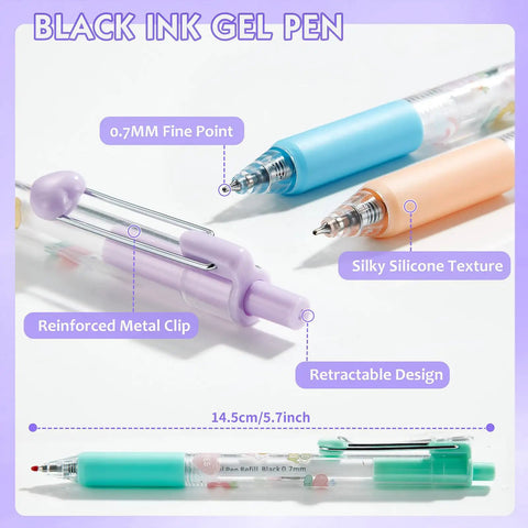 DIY Gel Pens With Cute Stickers Six Pack 0.7mm Black Ink Smooth Writing Quick Dry Journaling Pens showing fine point and silicone texture