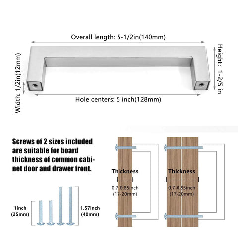 Diagram showing dimensions for matte black cabinet knob pulls and screw lengths for Five Pack Matte Black Cabinet Knobs for Cabinets and Drawers