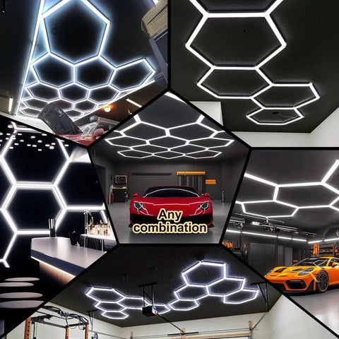 Hexagon LED Garage Lights Kit Pro Grade With 69 Pack Tubes illuminating car garages and detailing workspaces.