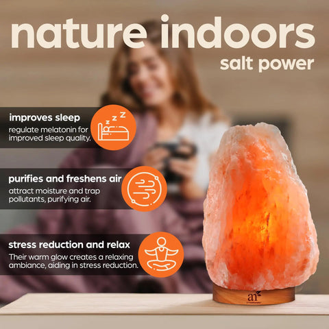Himalayan Pink Salt Lamp With Real Wood Base Natural Glow Night Light For Relaxation And Energy in cozy home setting