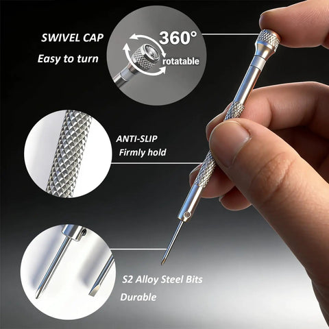Close-up of precision screwdriver from All In One Eyeglass Repair Kit You Can Grab And Go With 18 Screw Sizes, featuring swivel cap.