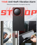 110dB Vibration Car Alarm With 10 Level Sensitivity Adjustable Wireless Remote Anti Theft Device For Car Truck RV Motorcycle And E Bike Loud Security Alarm To Deter Thieves And Protect Your Ride. Black vibration alarm mounted on window and car door